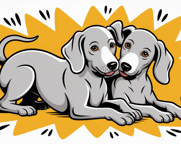 Gray Puppies on Yellow Background with Grass Illustration