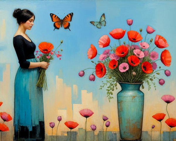 Woman in Black Top with Flowers and Butterflies