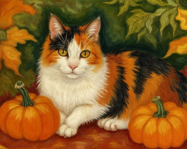 Calico Cat Among Autumn Leaves and Pumpkins