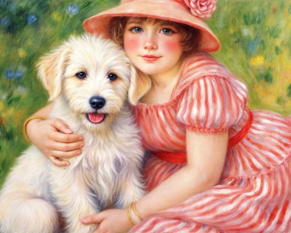 Young girl in pink dress with puppy in flower meadow