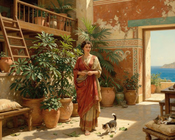 Oil Painting of a Young Woman in Ancient Courtyard