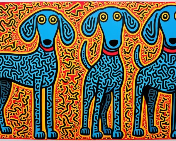 Cartoonish dogs with bright blue bodies and patterns