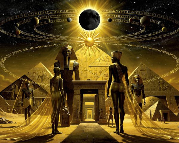 Golden Desert Landscape with Solar Eclipse and Pyramids