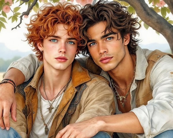 Young men in a field under a flowering tree