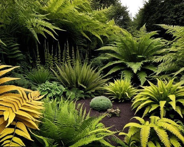 Vibrant Garden with Diverse Ferns and Lush Foliage