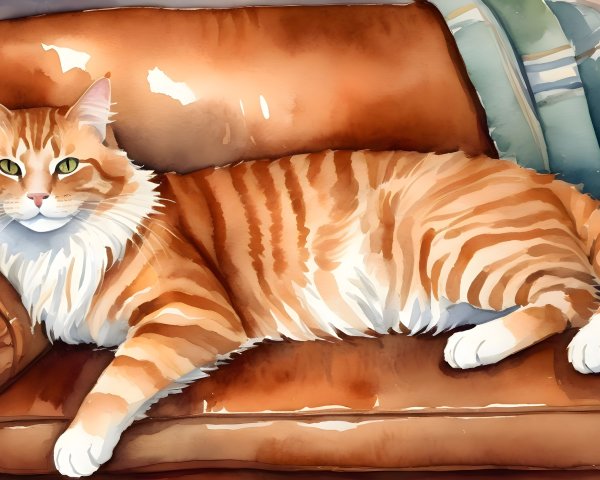 Fluffy Orange Tabby Cat on Plush Brown Sofa