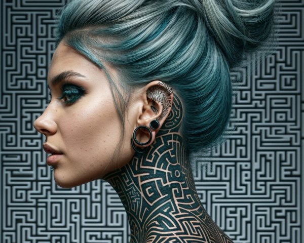 Young woman with blue hair and geometric tattoos