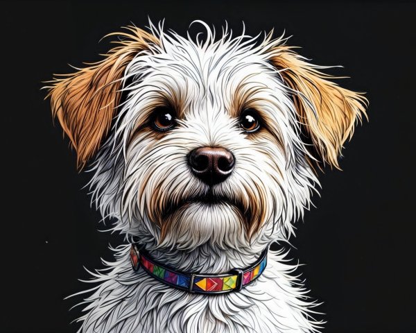 Fluffy White Dog with Brown Ears and Colorful Collar