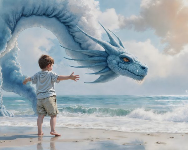 Young boy on beach with cloud dragon in sky