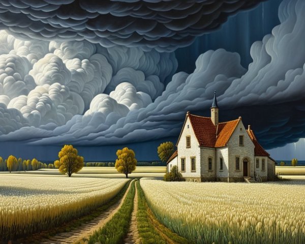 Quaint White House Amid Dramatic Stormy Landscape