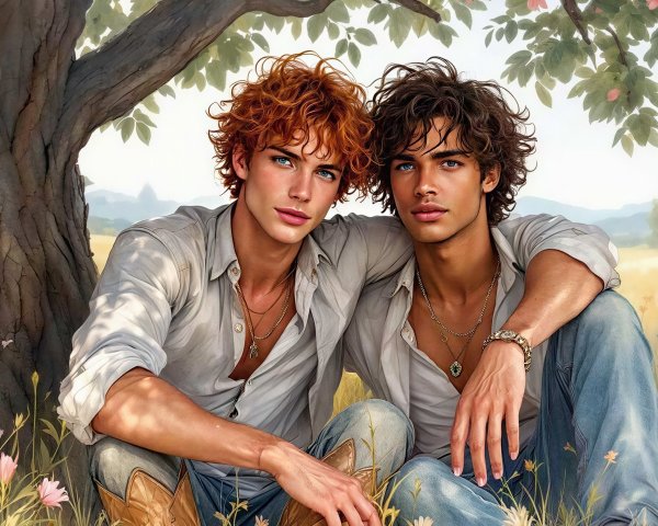 Young men with curly hair sitting under a tree