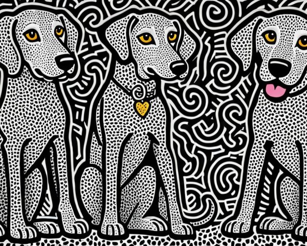 Three Gray Dogs with Golden Eyes on Black and White Background