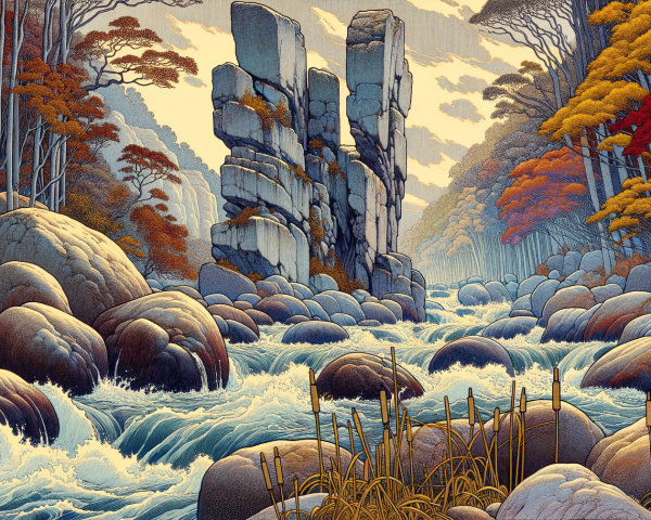Serene Landscape with Stone Formations and River