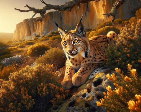 Lynx on Rocky Outcrop Surrounded by Wildflowers