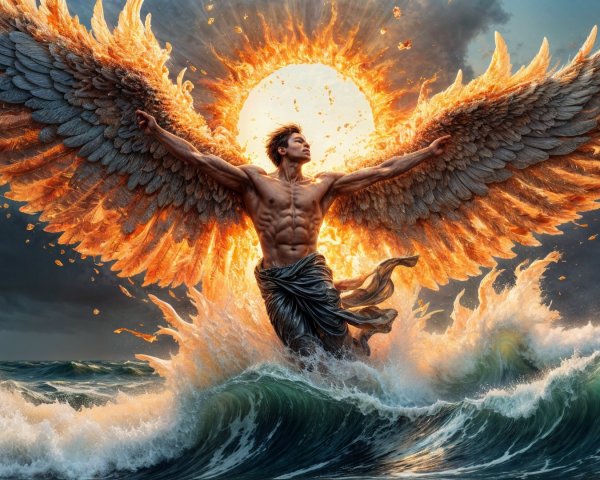 Muscular Figure with Wings Amidst Waves and Storm Clouds