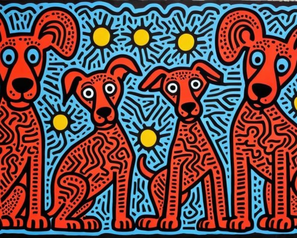 Vibrant depiction of playful dogs on blue background