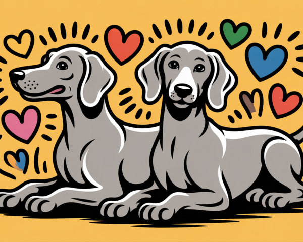 Playful Gray Dogs on Yellow Background with Hearts
