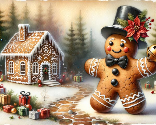 Festive Winter Scene with Gingerbread Man and House