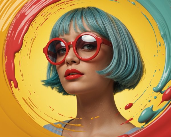 Portrait of a woman with blue bob and red sunglasses