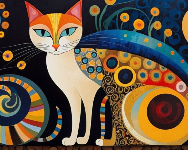 Stylized Cat Artwork with Bold Colors and Patterns
