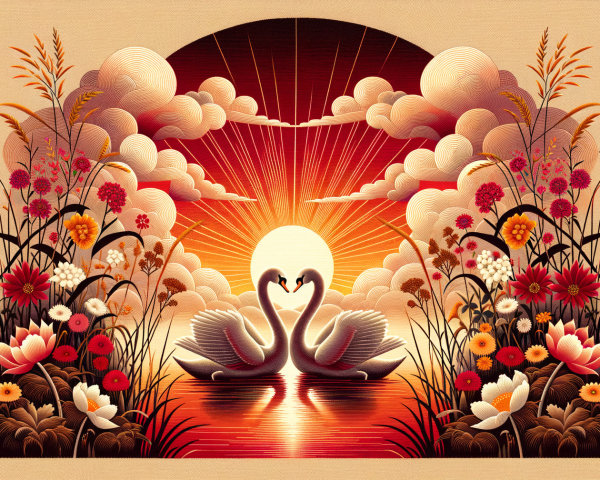 Swans Forming Heart Shape on Serene Lake at Sunset