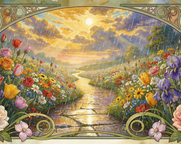 Art Nouveau Painting of a Vibrant Flower Garden