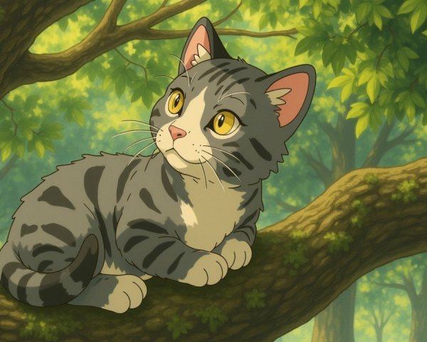 Animated Cat on Tree Branch in Lush Forest Setting