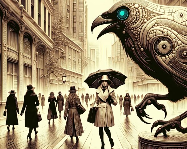 Metallic Crow Overlooks Vintage City Street Scene