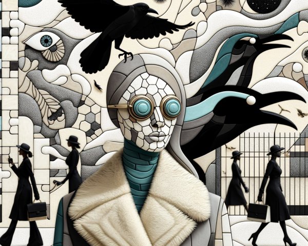 Surreal Collage with Geometric Patterns and Figures