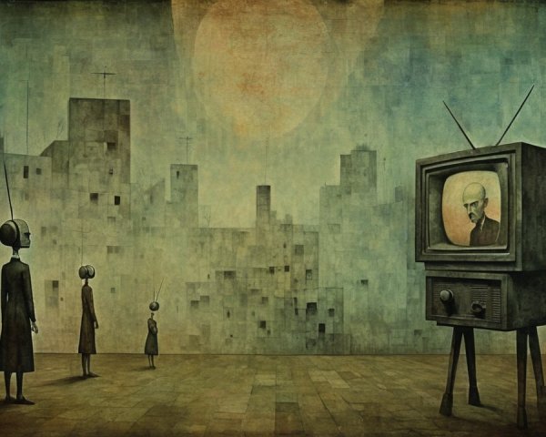 Surreal Cityscape with Antenna-Headed Figures and TV