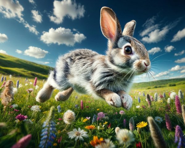 Rabbit Leaping in Colorful Meadow Under Blue Sky