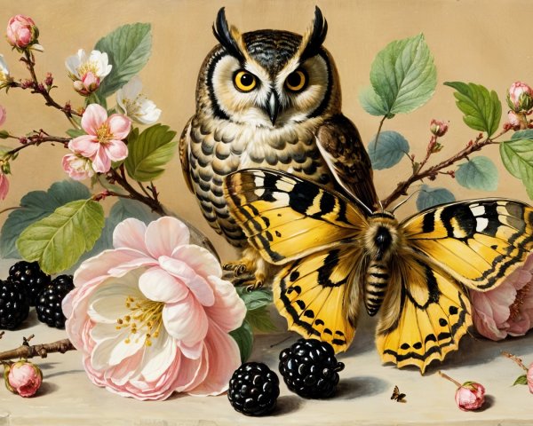 Detailed Painting of Owl, Flowers, and Butterfly