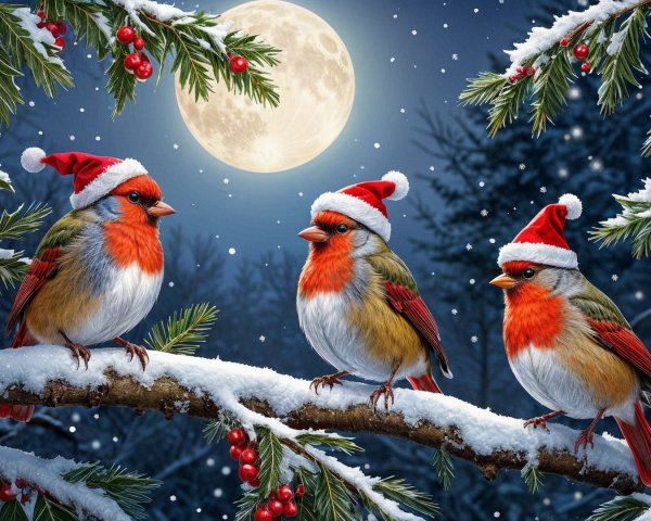 Colorful Birds on Snowy Branch with Santa Hats