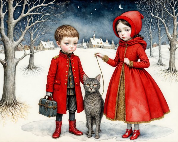 Children in Winter Landscape with Cat and Suitcase