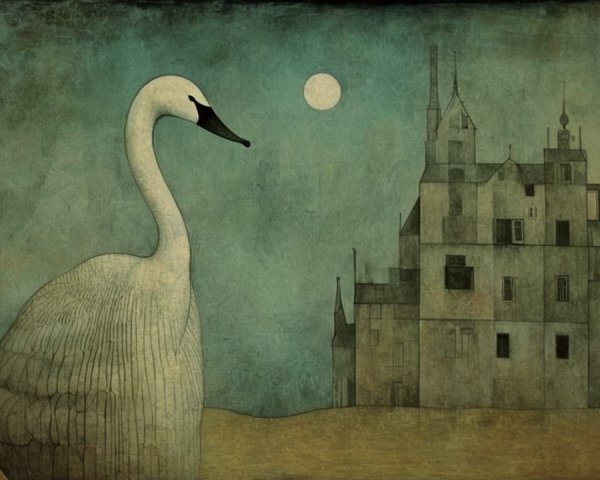 Serene landscape with swan and whimsical castle