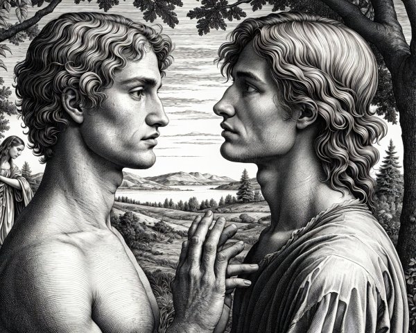 Young Men in Contemplation Against a Serene Landscape