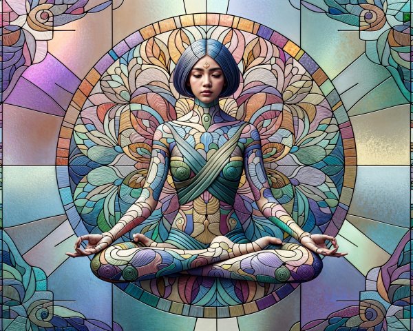 Serene Figure in Meditative Pose with Stained Glass