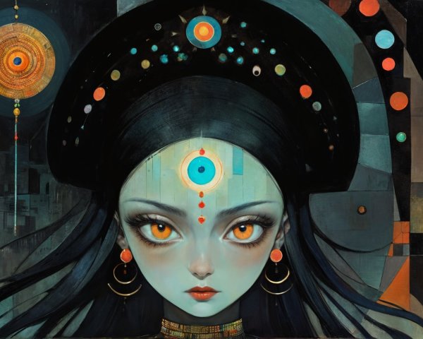 Mysterious Female Figure with Blue Complexion and Eyes