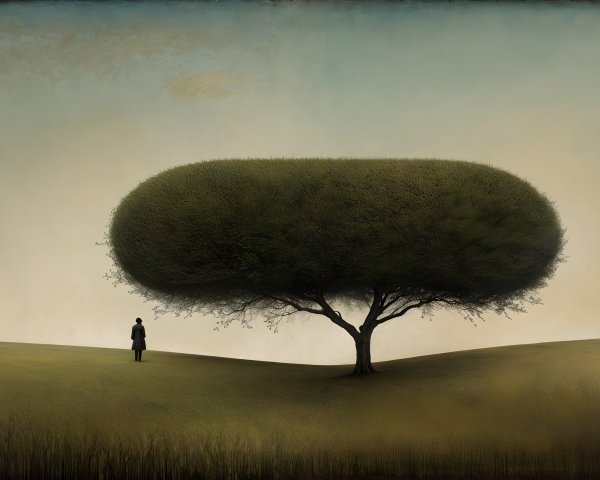 Solitary Figure on Hill with Dominant Tree Canopy