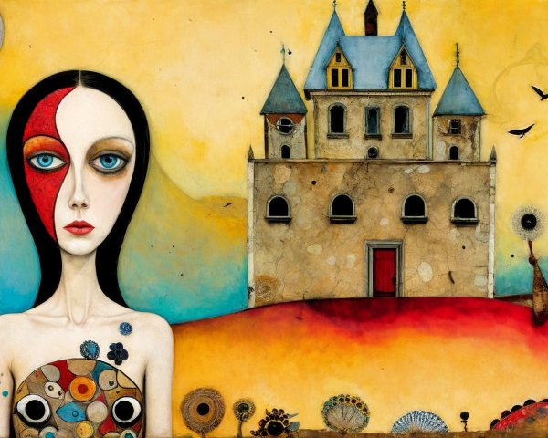Surreal Scene of Woman with Colorful Castle and Creatures