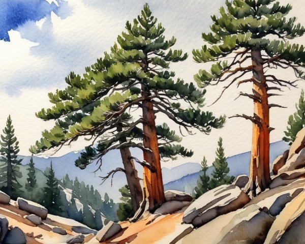 Serene Landscape with Evergreen Trees and Mountains