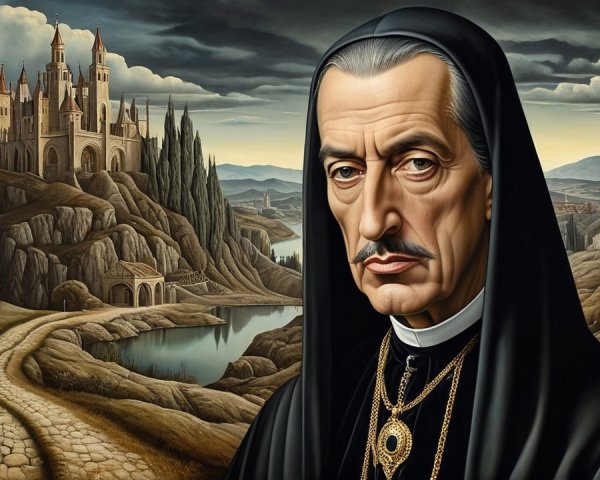 Somber Figure in Hooded Robe with Dramatic Landscape