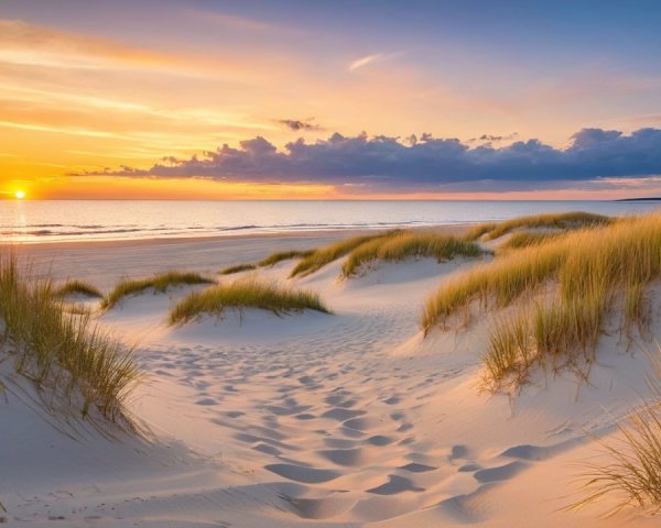 Tranquil Beach Sunset with Soft Sand Dunes and Waves