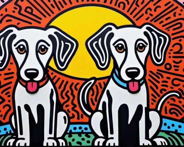 Playful White Dogs on Bold Sunburst Background