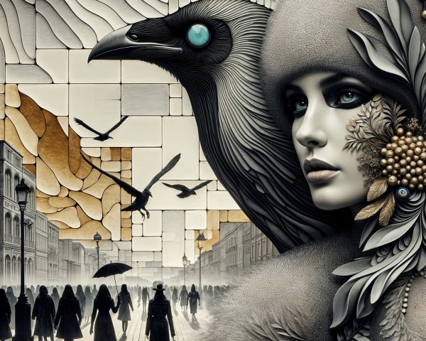 Surreal Woman and Crow Blend in Misty Street Scene