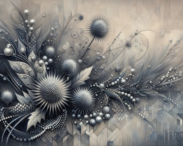 Intricate Abstract Composition with Flora and Geometric Shapes