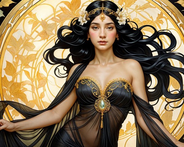 Elegant Figure in Black Gown with Golden Accents