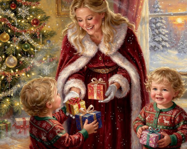 Family Christmas Scene with Gifts and Tree Decor