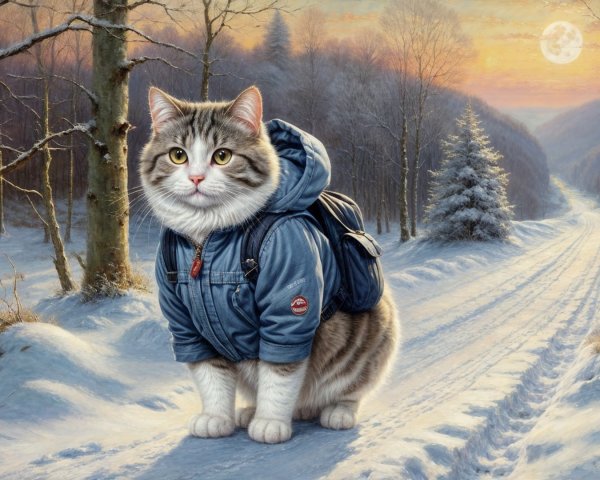 Whimsical Cat in Blue Jacket on Snowy Forest Path