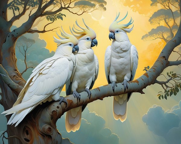 Elegant cockatoos perched on a branch at sunset